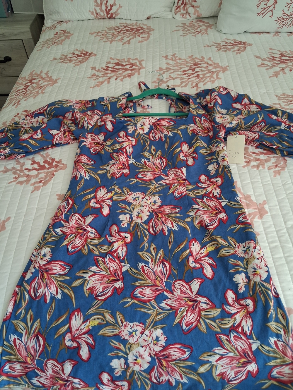 a new day Blue Floral Long Sleeve Dress with Pink Blooms